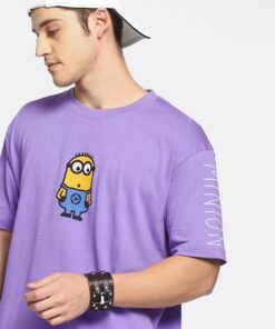 Men Purple Boxy Fit Printed Round Neck Pure Cotton T-Shirt