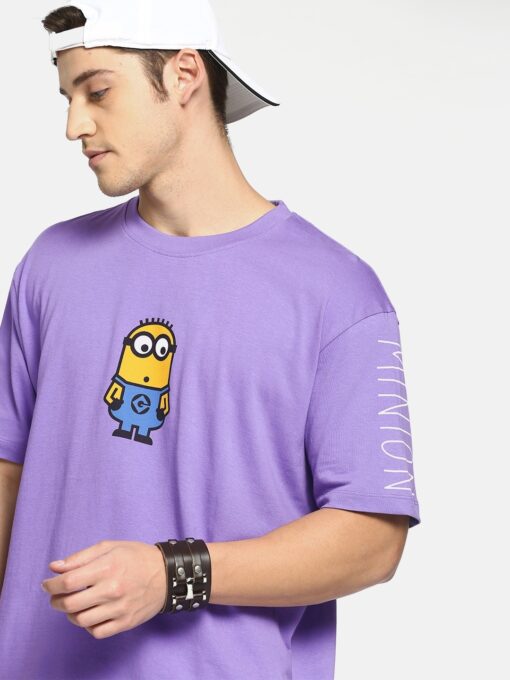 Men Purple Boxy Fit Printed Round Neck Pure Cotton T-Shirt
