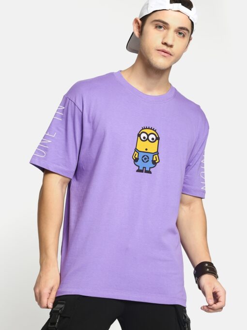 Men Purple Boxy Fit Printed Round Neck Pure Cotton T-Shirt - Image 2