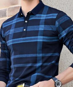 EYEBOGLER Men's Polo Neck Regular Fit Full Sleeves Checkerd Dark Blue T-Shirt