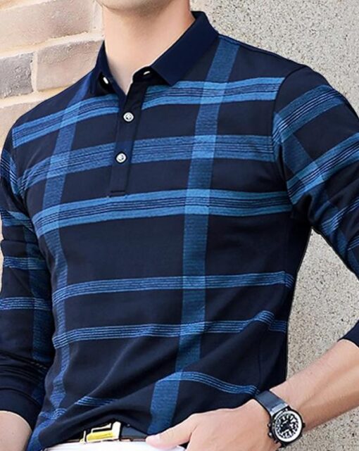 EYEBOGLER Men's Polo Neck Regular Fit Full Sleeves Checkerd Dark Blue T-Shirt