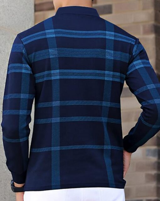 EYEBOGLER Men's Polo Neck Regular Fit Full Sleeves Checkerd Dark Blue T-Shirt - Image 2