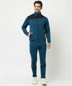 Glito Blue & Black Color Blocked Stretchable Regular Fit Gym Wear Track Suit For Men