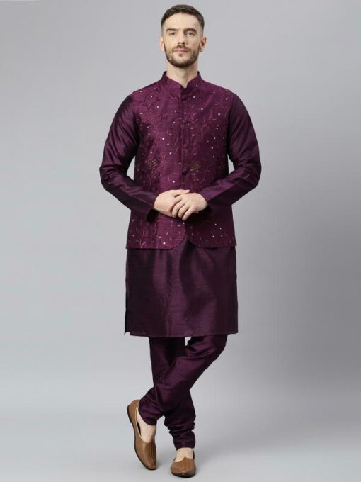 Hang-up Men Purple Embroidery Dupion Kurta Pyjama Set - Image 2