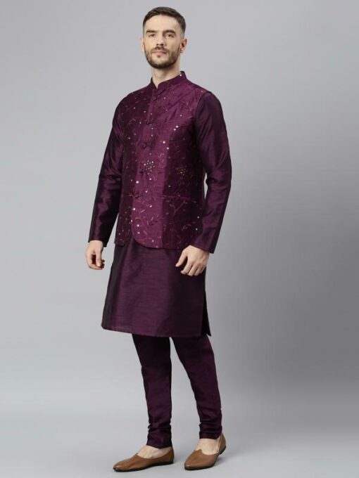 Hang-up Men Purple Embroidery Dupion Kurta Pyjama Set - Image 4