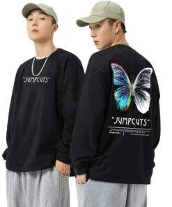 Jump Cuts Mens Printed Round Neck Full Sleeve Black and White Cotton Blend Boxy Fit T-Shirt