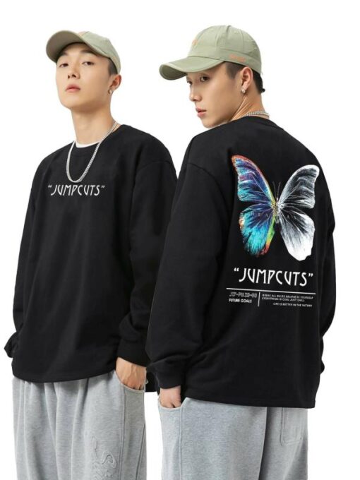 Jump Cuts Mens Printed Round Neck Full Sleeve Black and White Cotton Blend Boxy Fit T-Shirt