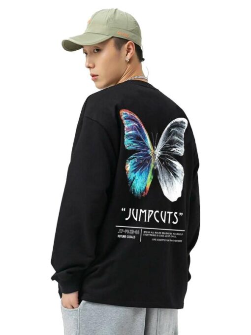 Jump Cuts Mens Printed Round Neck Full Sleeve Black and White Cotton Blend Boxy Fit T-Shirt - Image 2