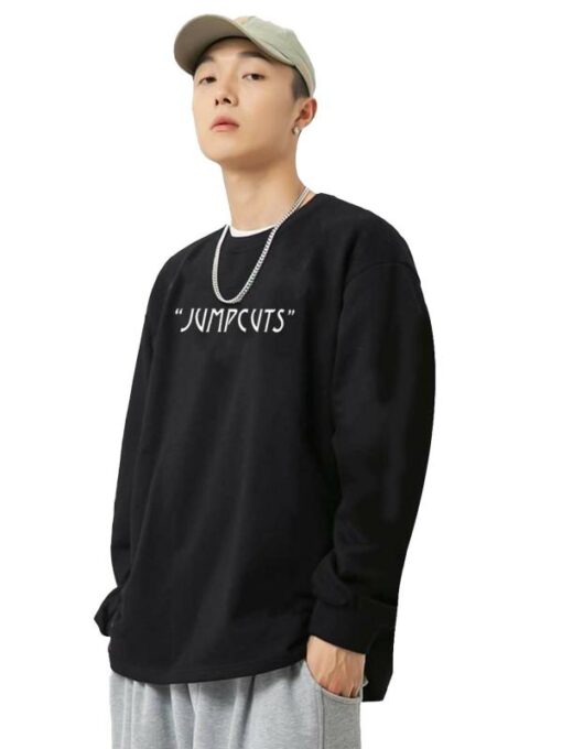 Jump Cuts Mens Printed Round Neck Full Sleeve Black and White Cotton Blend Boxy Fit T-Shirt - Image 3
