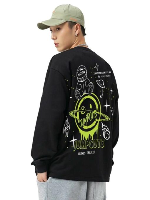 Jump Cuts Mens Printed Round Neck Full Sleeve Black, Yellow Cotton Blend Boxy Fit T-Shirt - Image 2