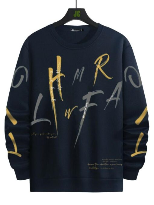 Jump Cuts Mens Printed Round Neck Full Sleeve Navy and Yellow Cotton Slim Fit Tshirt