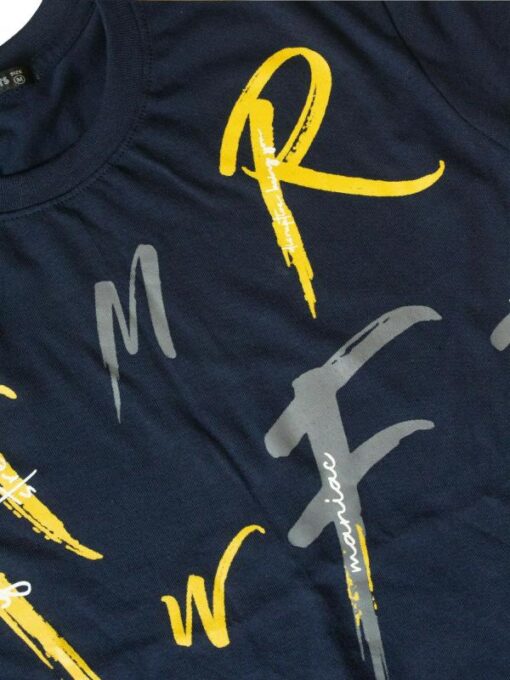 Jump Cuts Mens Printed Round Neck Full Sleeve Navy and Yellow Cotton Slim Fit Tshirt - Image 3