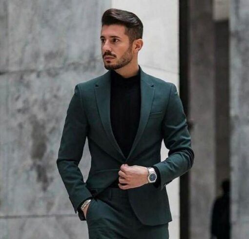 Trulyfeb Men Green Solid Cotton Blend Blazer