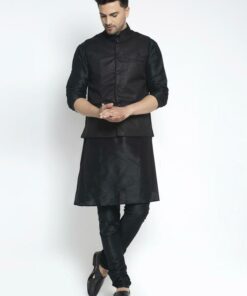 Benstoke Men's Silk Blend Black Kurta With Pyjama & Black Nehru Jacket