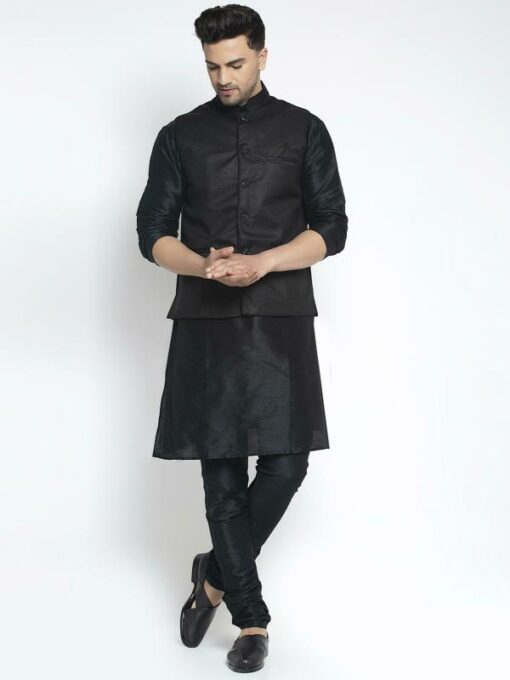 Benstoke Men's Silk Blend Black Kurta With Pyjama & Black Nehru Jacket