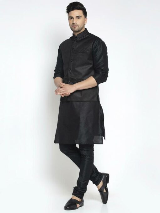 Benstoke Men's Silk Blend Black Kurta With Pyjama & Black Nehru Jacket - Image 3