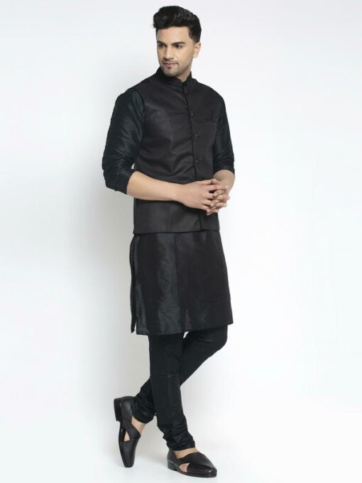 Benstoke Men's Silk Blend Black Kurta With Pyjama & Black Nehru Jacket - Image 4