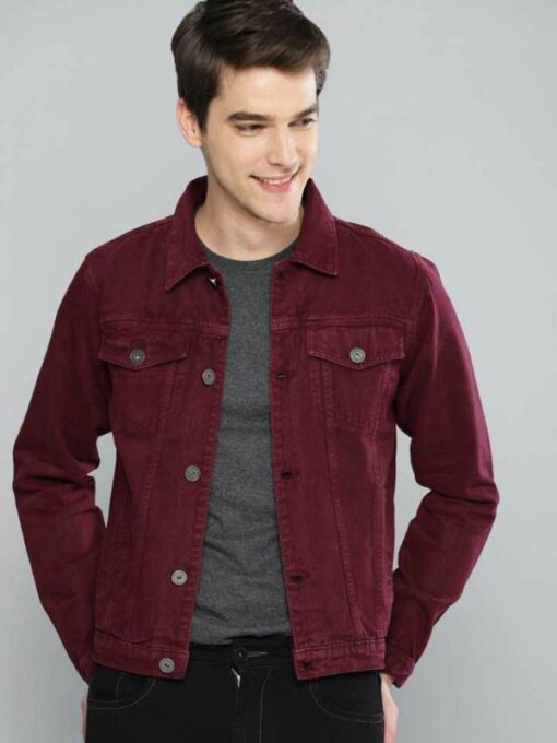 Klizen Men Maroon Solid Cotton Jacket