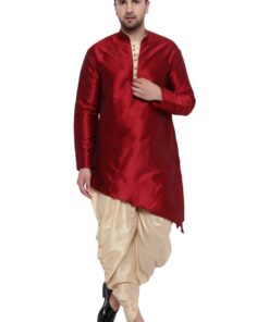 ONNIX Men Maroon Solid Dupion Silk Kurta Dhoti Set