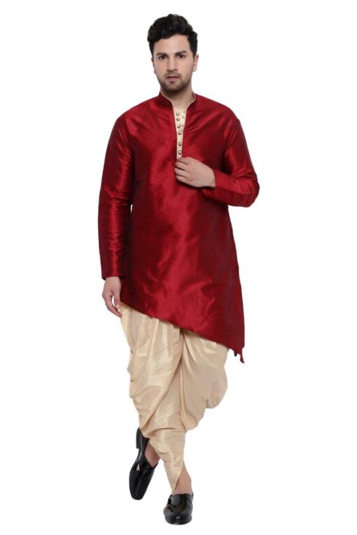 ONNIX Men Maroon Solid Dupion Silk Kurta Dhoti Set