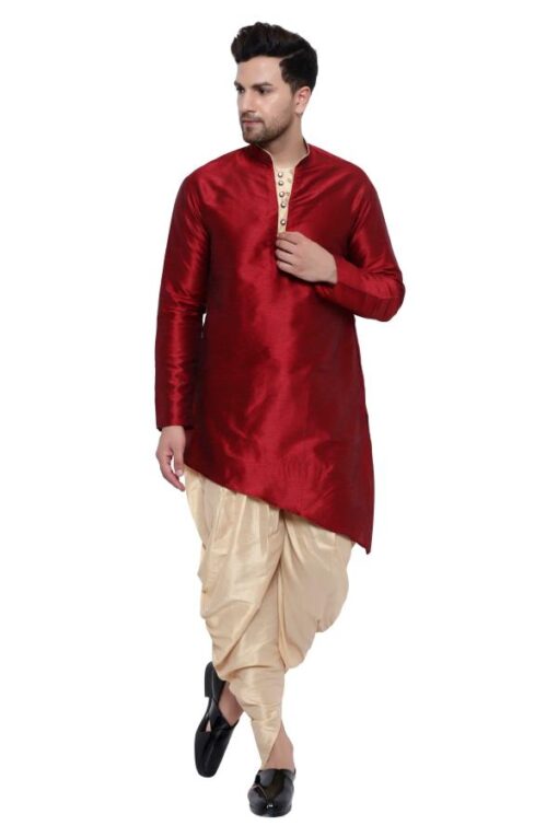 ONNIX Men Maroon Solid Dupion Silk Kurta Dhoti Set - Image 2