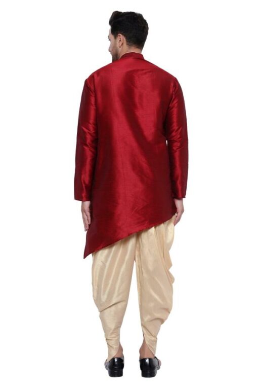ONNIX Men Maroon Solid Dupion Silk Kurta Dhoti Set - Image 3
