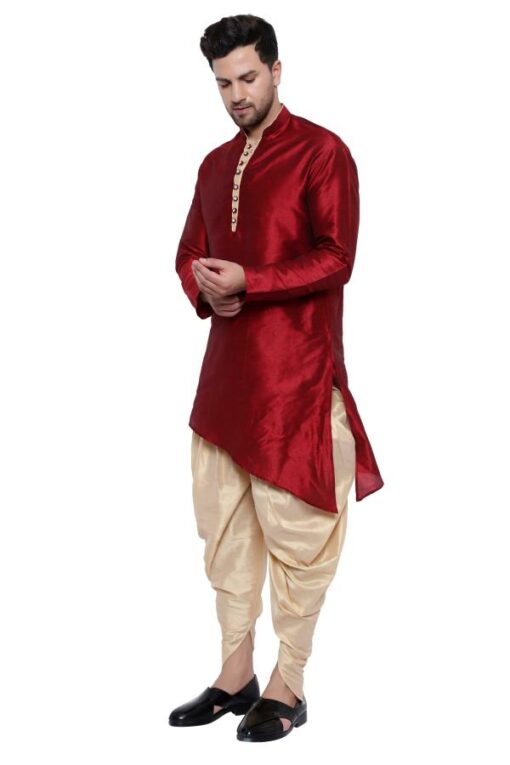 ONNIX Men Maroon Solid Dupion Silk Kurta Dhoti Set - Image 4