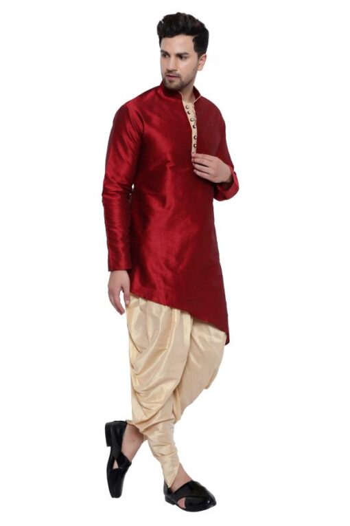 ONNIX Men Maroon Solid Dupion Silk Kurta Dhoti Set - Image 5