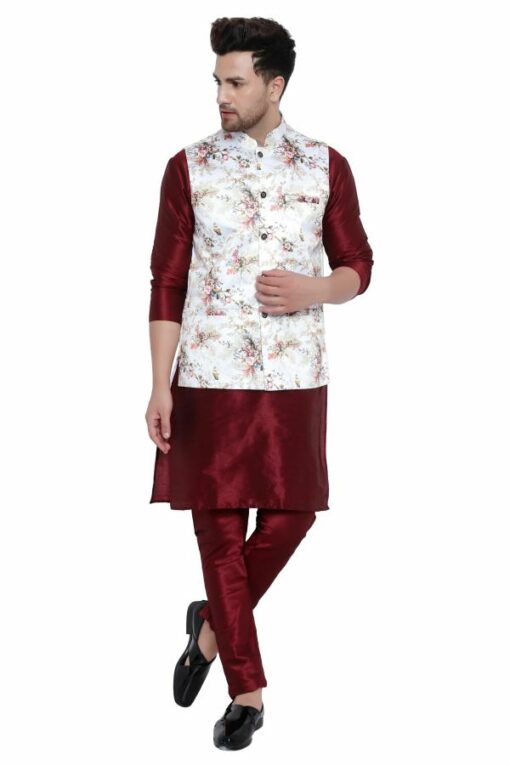 ONNIX Men Kurta, Waistcoat and Pyjama Set Silk Blend
