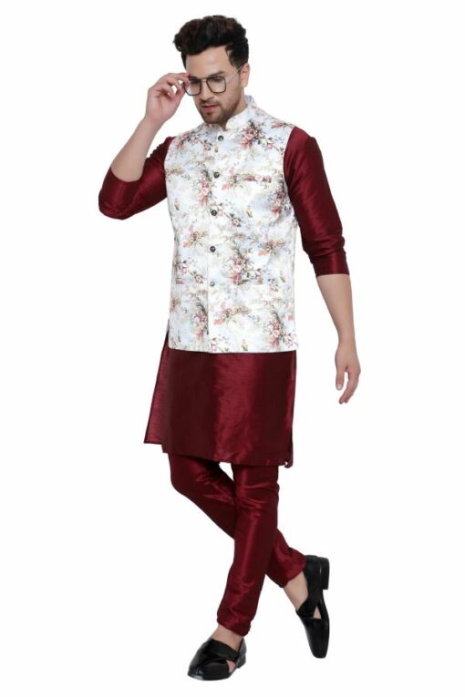 ONNIX Men Kurta, Waistcoat and Pyjama Set Silk Blend - Image 3