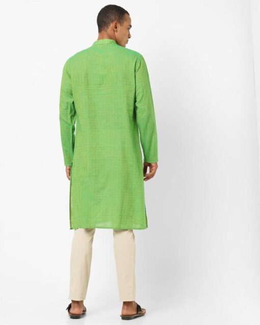 Slim Fit Cotton Kurta with Mandarin Collar - Image 3