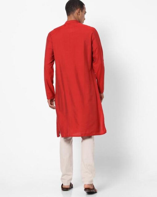 Slim Fit Long Kurta with Band Collar - Image 3