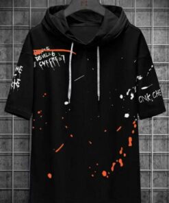 Smartees Men Black Printed Cotton Blend Hooded Tshirt