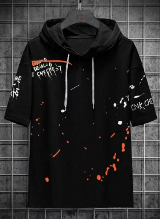 Smartees Men Black Printed Cotton Blend Hooded Tshirt