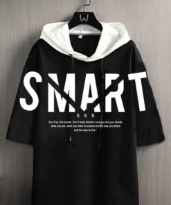 Smartees Men Black Printed Cotton Blend Hooded Tshirt